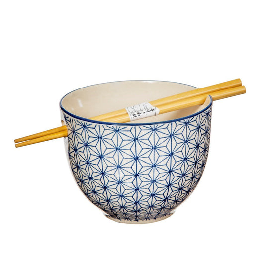 Sashiko Pattern Noodle Bowl with Chopsticks B-IRIS057