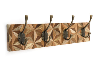 Aztec Design Wooden Plinth, 4 Double Coat Hooks S-HH5759