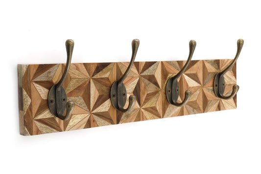 Aztec Design Wooden Plinth, 4 Double Coat Hooks S-HH5759