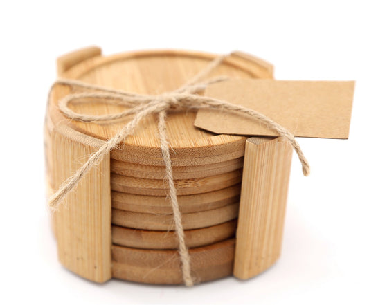 Set Of 6 Round Bamboo Coasters With Holder 12cm S-KG0981