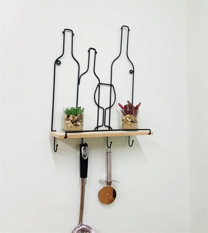 Wine Bottles Wall Shelf & 4 Hooks S-KG1032