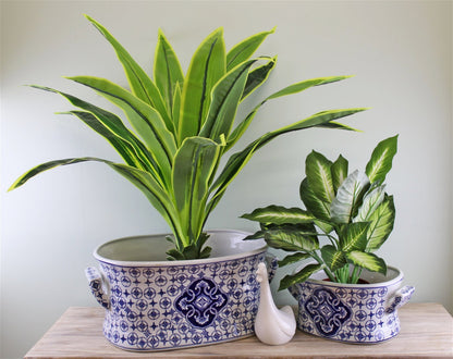 Set of 2 Ceramic Footbath Planters, Vintage Blue & White Circular Design MB024