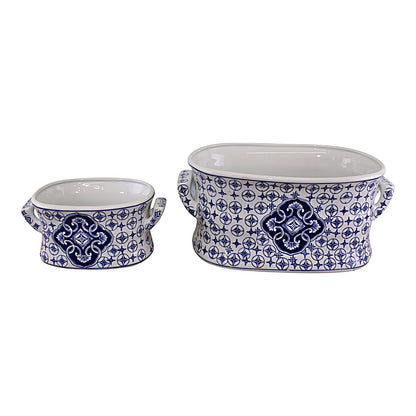 Set of 2 Ceramic Footbath Planters, Vintage Blue & White Circular Design MB024