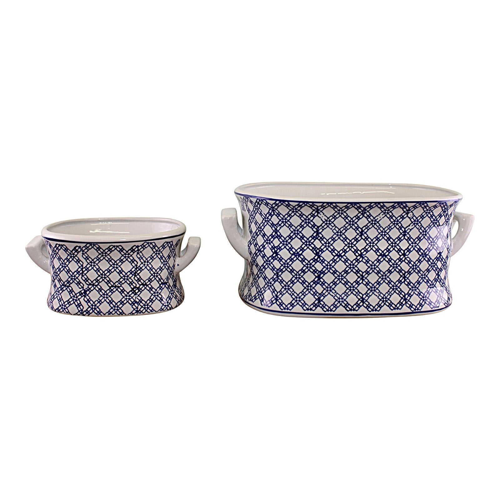 Set of 2 Ceramic Footbath Planters, Vintage Blue & White Geometric Design MB025