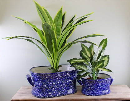 Set of 2 Ceramic Footbath Planters, Vintage Blue & Green Crocus Design MB026