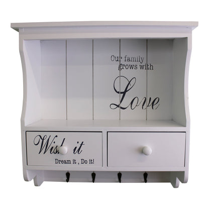 Wall Unit in White with Hooks, Drawers & Shelf N0285