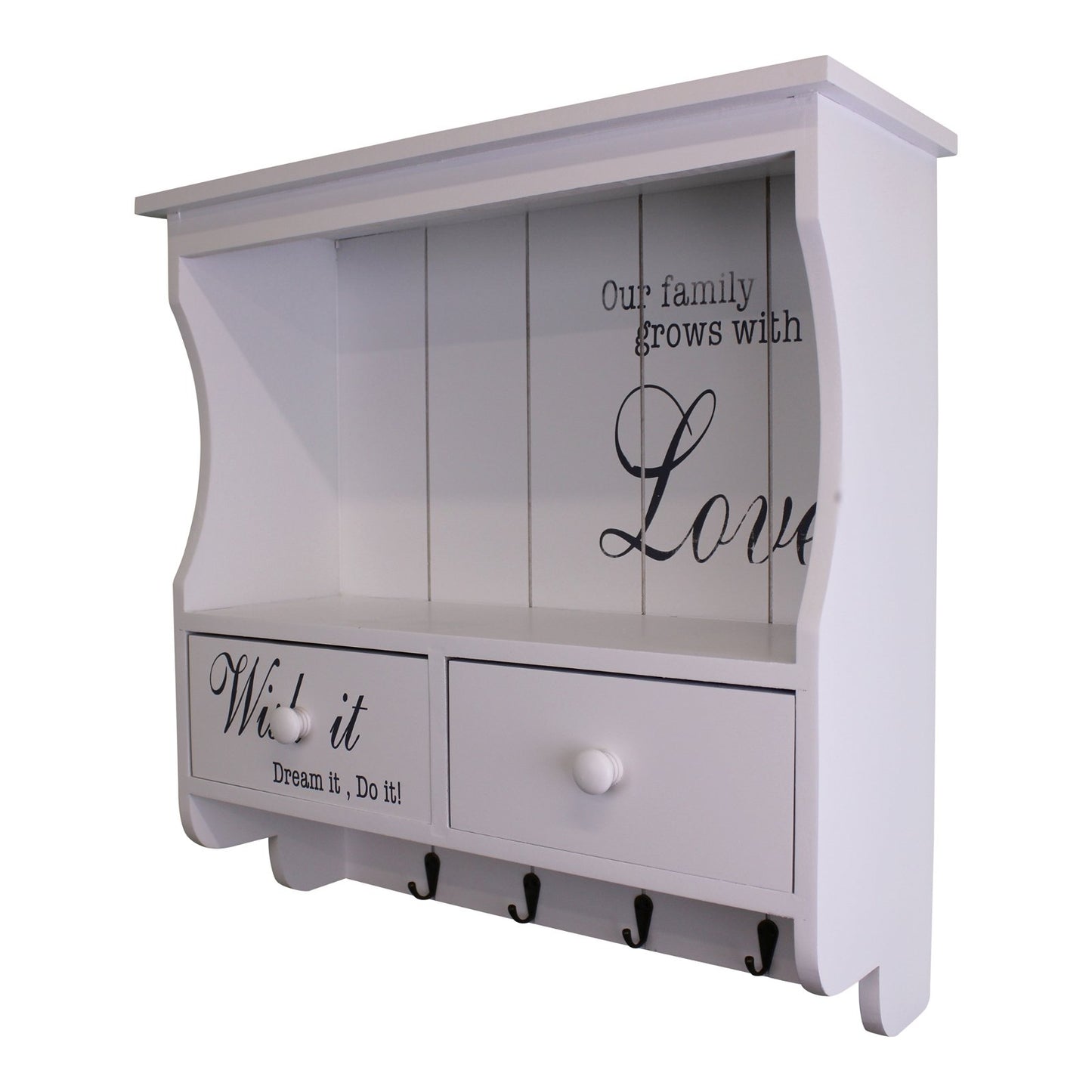 Wall Unit in White with Hooks, Drawers & Shelf N0285