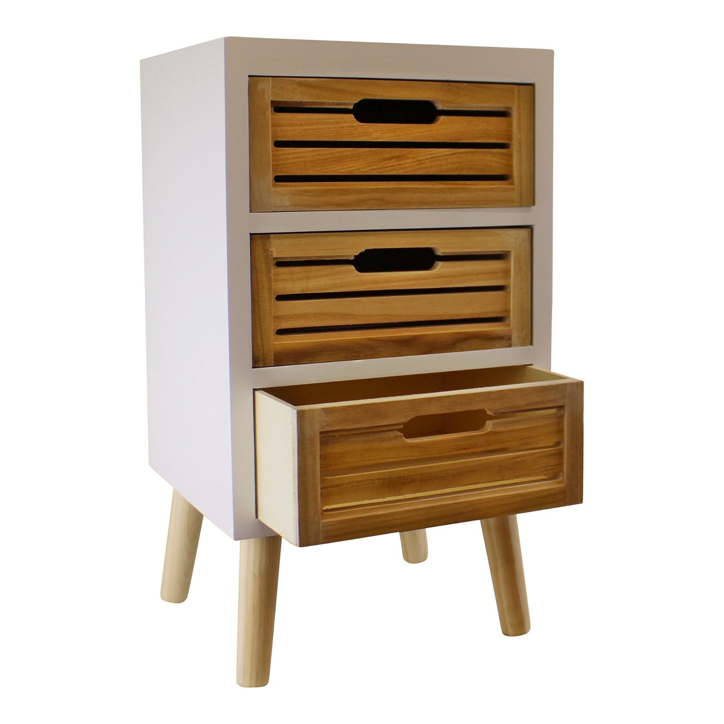 3 Drawer Unit In White With Natural Wooden Drawers With Removable Legs N0312