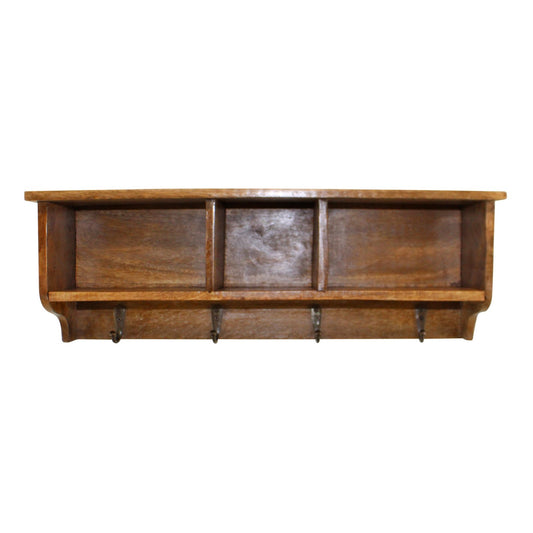 Mango Wood Wall Shelf With Storage Slots & 4 Hooks N0533