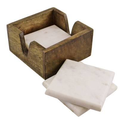 Set of 4 High Quality Marble Coasters In A Mango Wood Holder N0548