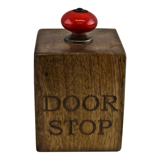 Mango Wood Doorstop With Red Ceramic Knob N0551