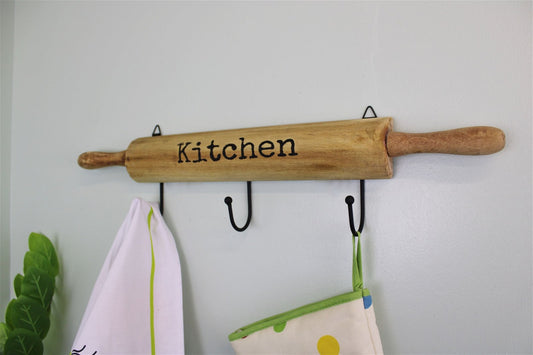 Kitchen Wall Hooks, 4 Hooks with a Rolling Pin Design N0742