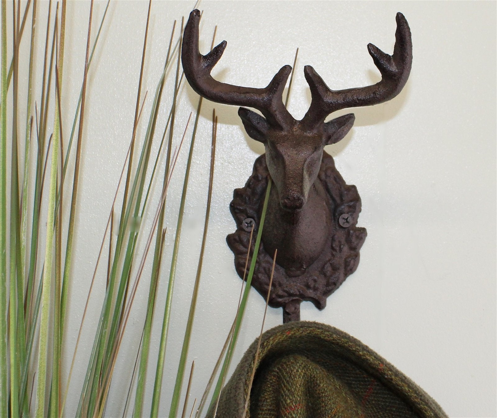 Rustic Cast Iron Wall Hooks, Single Stag Bust N0760