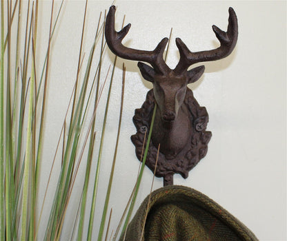 Rustic Cast Iron Wall Hooks, Single Stag Bust N0760