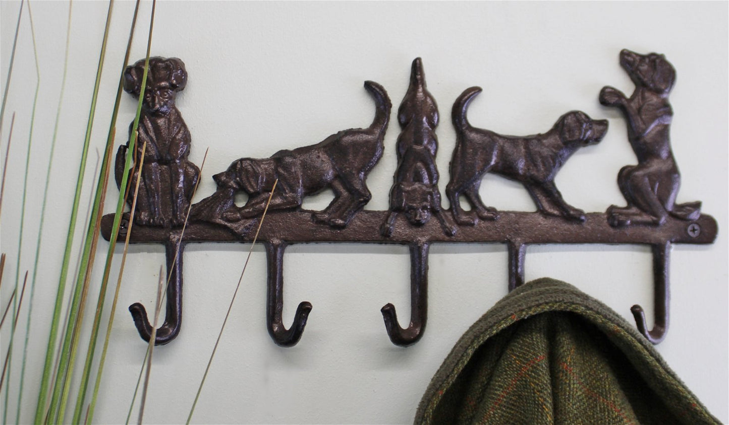 Rustic Cast Iron Wall Hooks, Playful Dog Design With 5 Hooks N0765