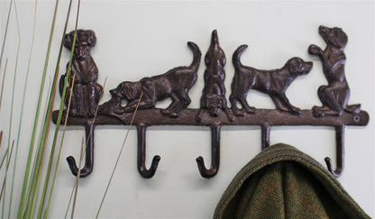 Rustic Cast Iron Wall Hooks, Playful Dog Design With 5 Hooks N0765