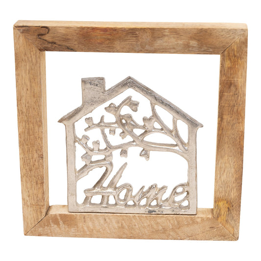 Wall Hanging Silver House In Wooden Frame 30cm S-OR1734