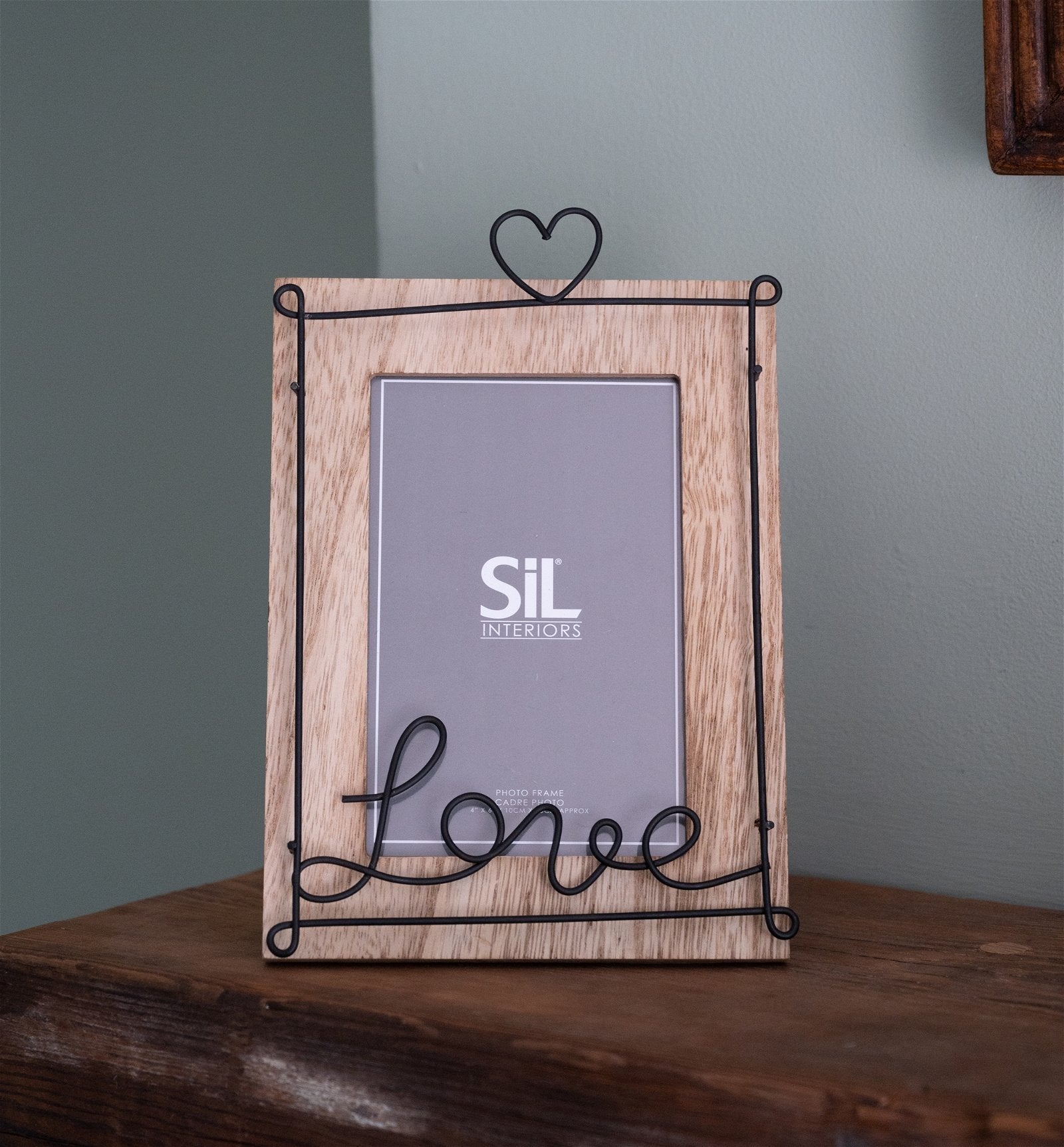 Wooden Photo Frame with Black Wire Love Script 4x6" S-PH2174