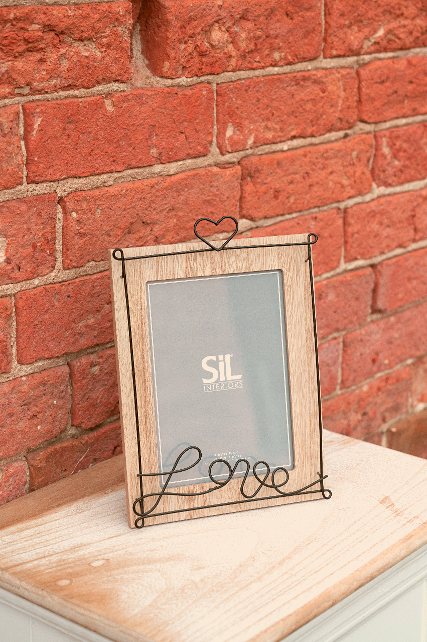 Wooden Photo Frame with Black Wire Love Script 4x6" S-PH2174