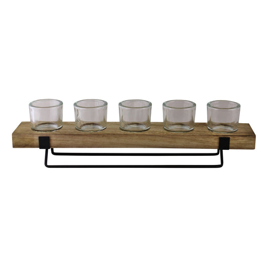 5 Piece Glass, Wood & Metal Tealight Holder S-CH6072