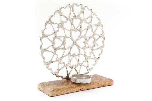 Heart Pattern Tealight Holder On Wooden Base S-CH6157