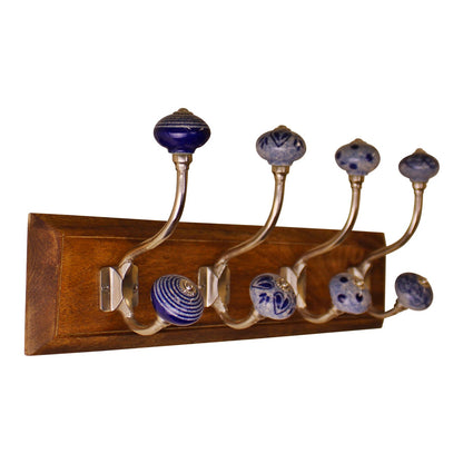 4 Double Ceramic Blue & White Coat Hooks On Wooden Base S-HH5616