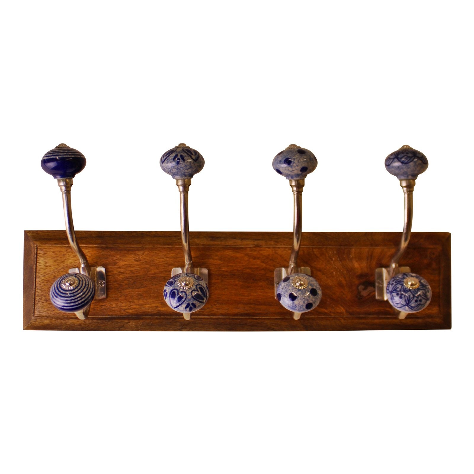 4 Double Ceramic Blue & White Coat Hooks On Wooden Base S-HH5616