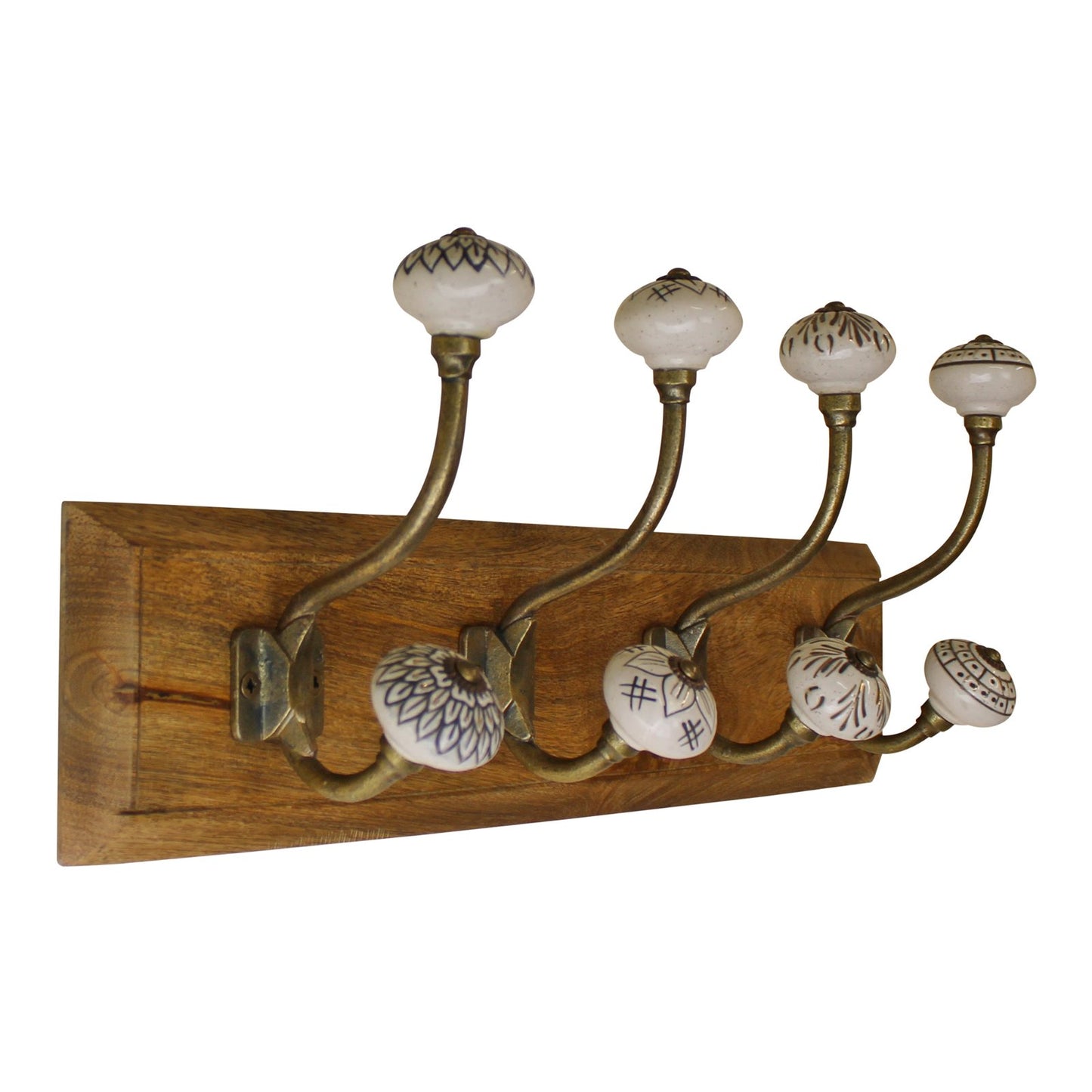 4 Double Ceramic Ivory Coat Hooks On Wooden Base S-HH5635