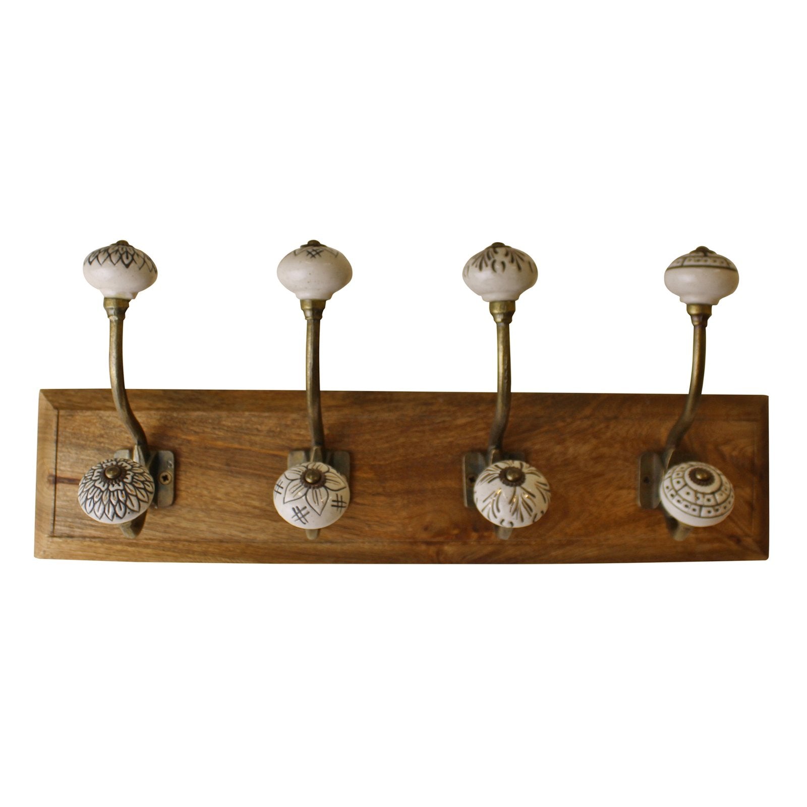 4 Double Ceramic Ivory Coat Hooks On Wooden Base S-HH5635