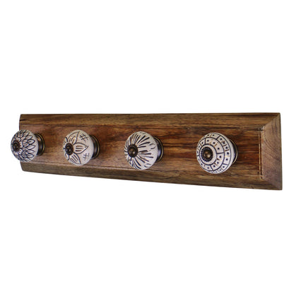 4 Single Ceramic Ivory Coat Hooks On Wooden Base S-HH5636