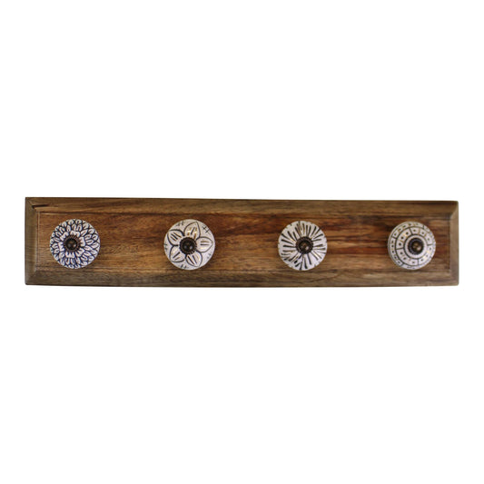 4 Single Ceramic Ivory Coat Hooks On Wooden Base S-HH5636