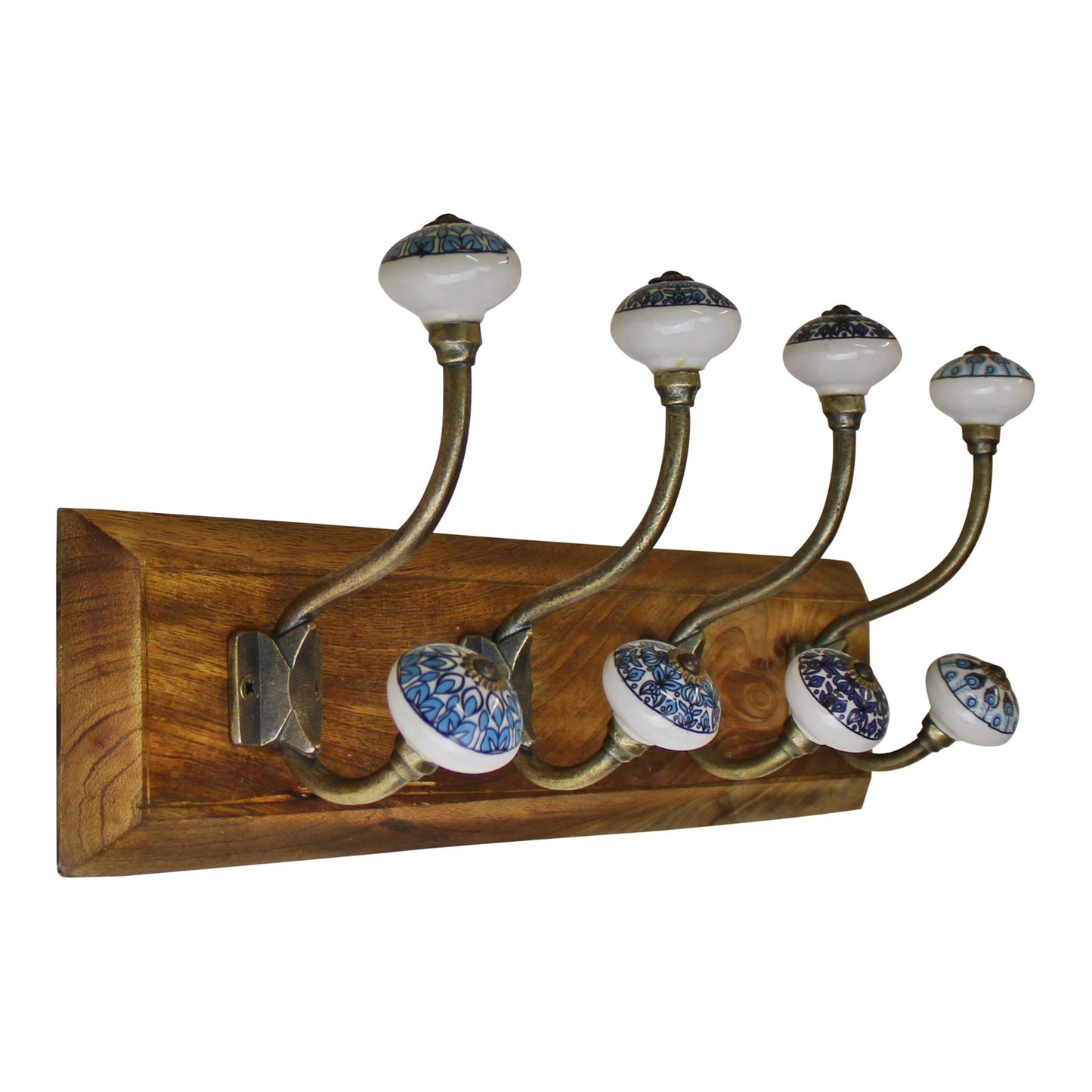 4 Double Ceramic Peacock Design Coat Hooks On Wooden Base S-HH5673