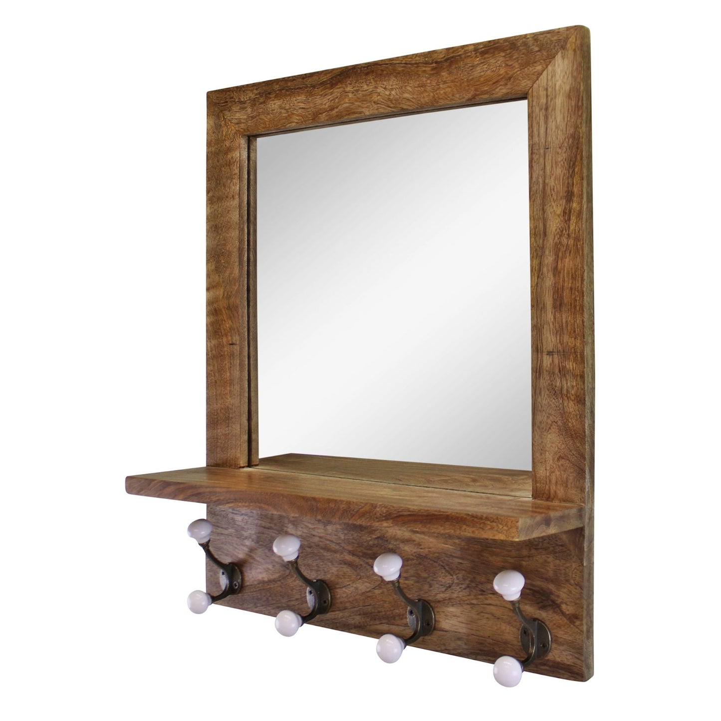 Mango Wood Shelf Unit With Mirror & 4 Double Coat Hooks S-HH5694