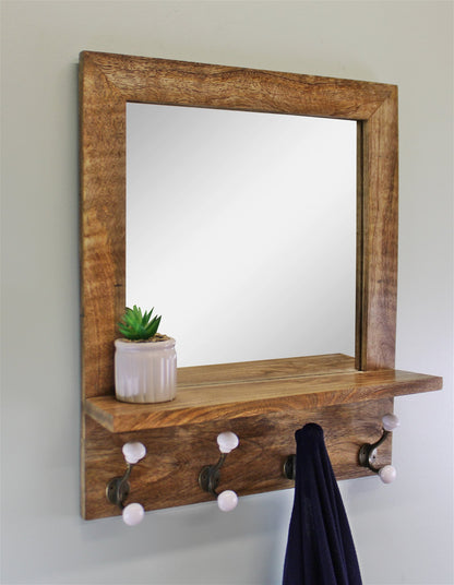 Mango Wood Shelf Unit With Mirror & 4 Double Coat Hooks S-HH5694