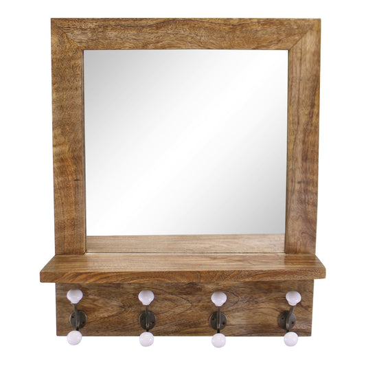 Mango Wood Shelf Unit With Mirror & 4 Double Coat Hooks S-HH5694