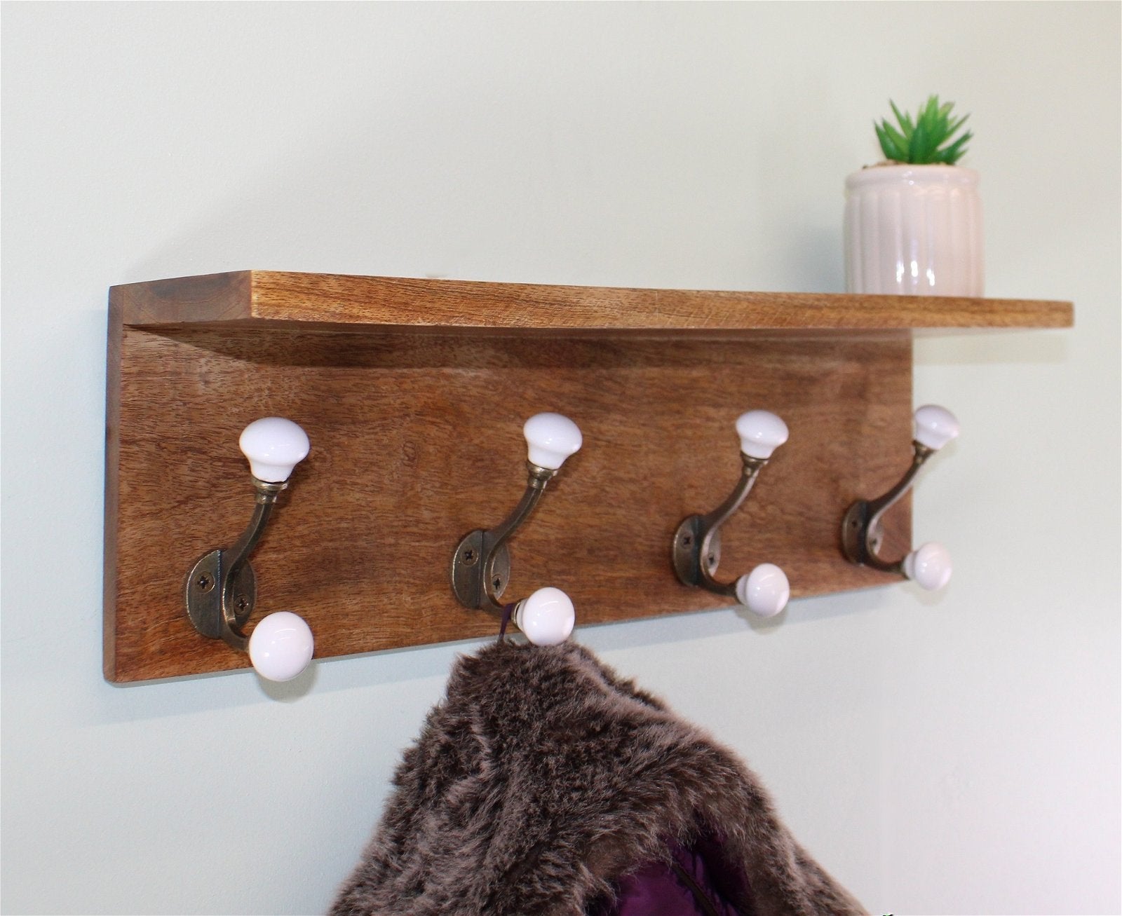 Set of 4 White Ceramic Double Coat Hooks On Wooden Base With Shelf S-HH5695