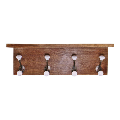 Set of 4 White Ceramic Double Coat Hooks On Wooden Base With Shelf S-HH5695