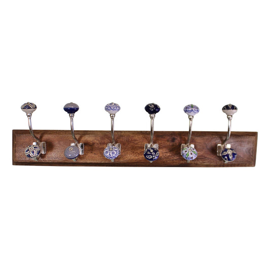 6 Double Ceramic Blue & White Coat Hooks On Wooden Base S-HH5745