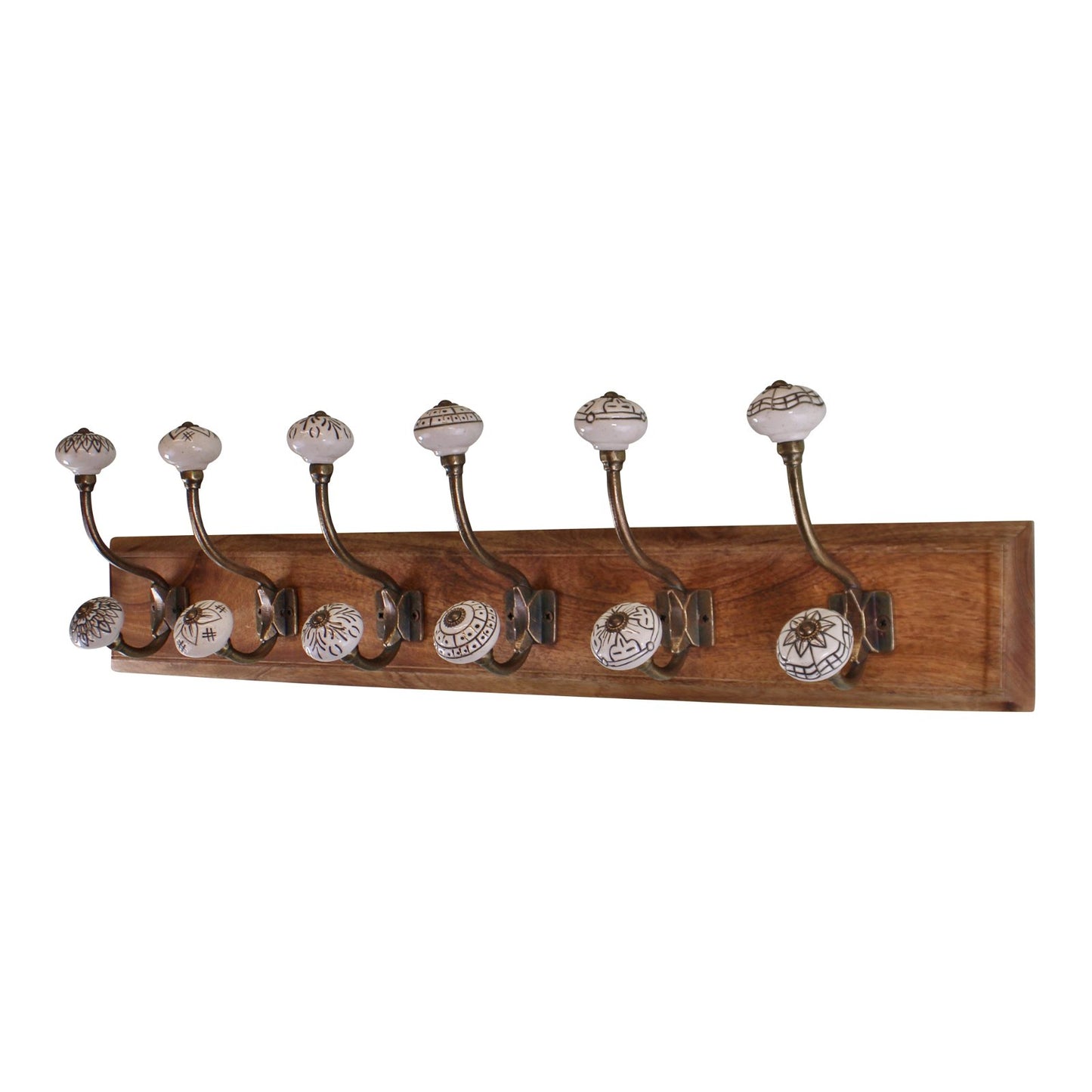 6 Double Ceramic Ivory Coat Hooks On Wooden Base S-HH5746