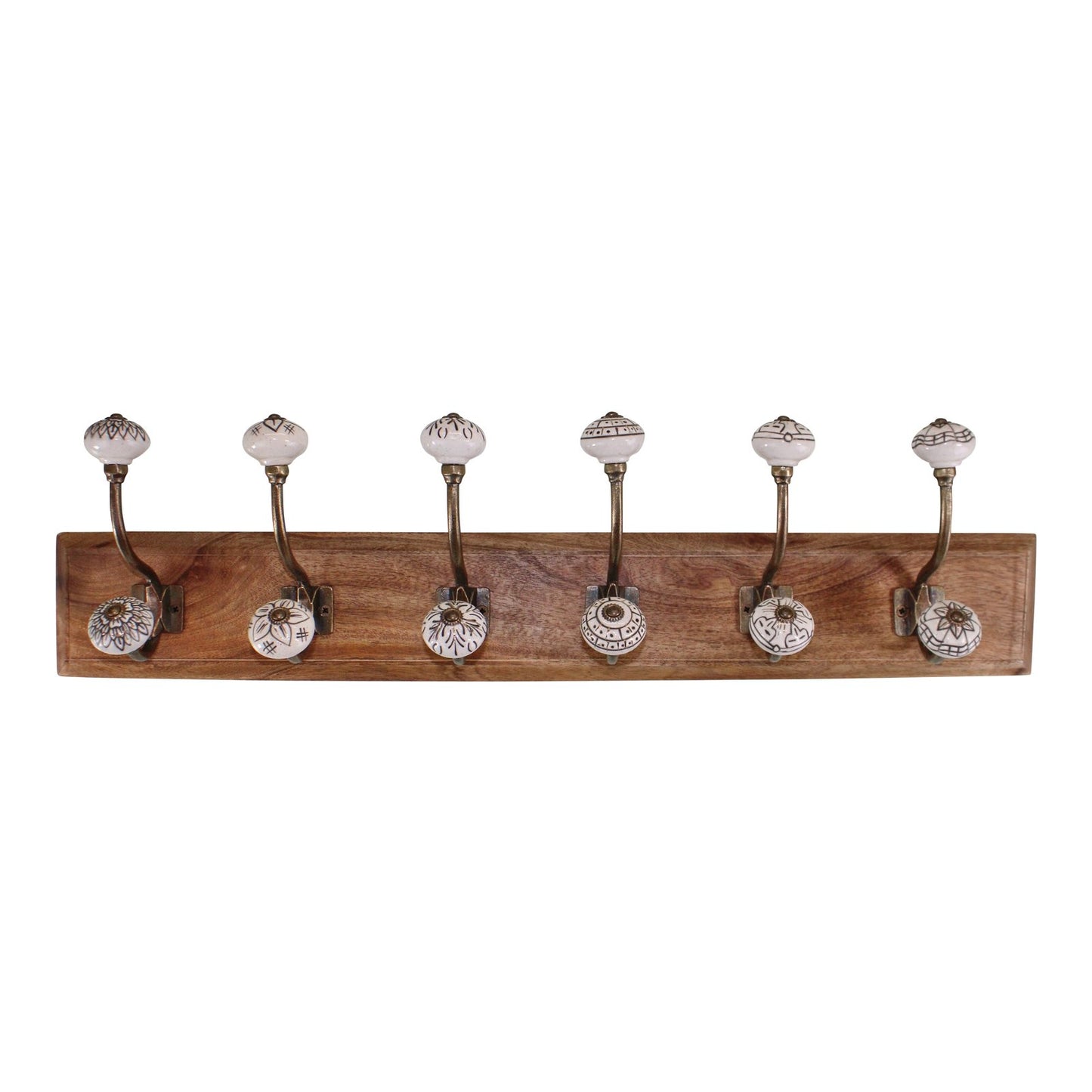 6 Double Ceramic Ivory Coat Hooks On Wooden Base S-HH5746