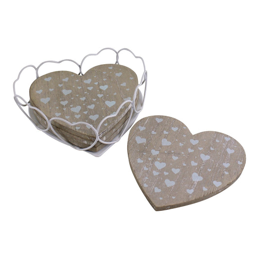 Set Of 4 Heart Shaped Coasters In Wire Holder S-KG0245