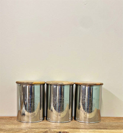 Set Of Three Silver Tea Coffee Sugar Containers S-KG0727