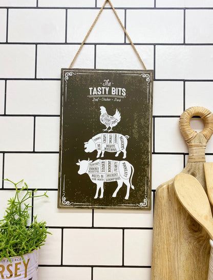 The Tasty Bits Wooden Hanging Plaque in Brown S-KG0789-B