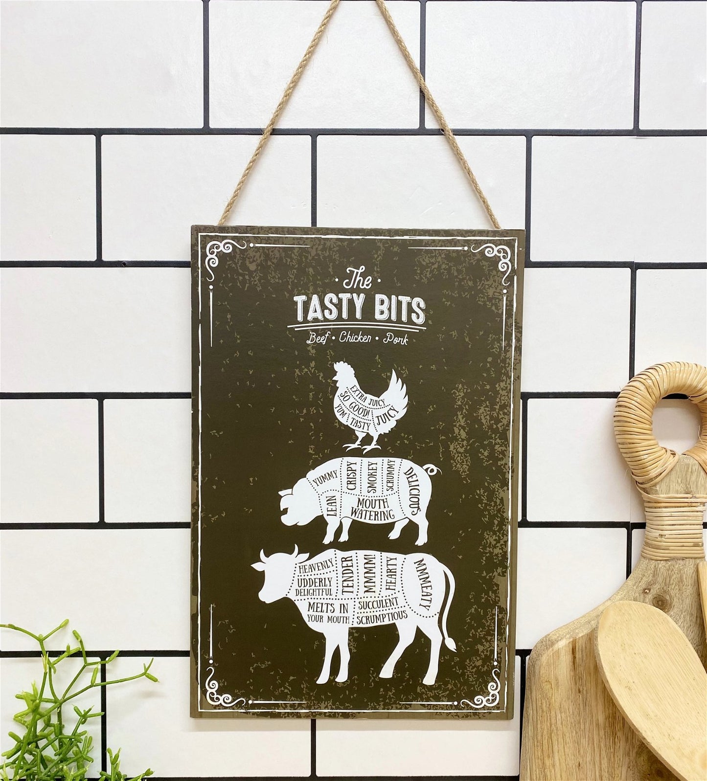 The Tasty Bits Wooden Hanging Plaque in Brown S-KG0789-B