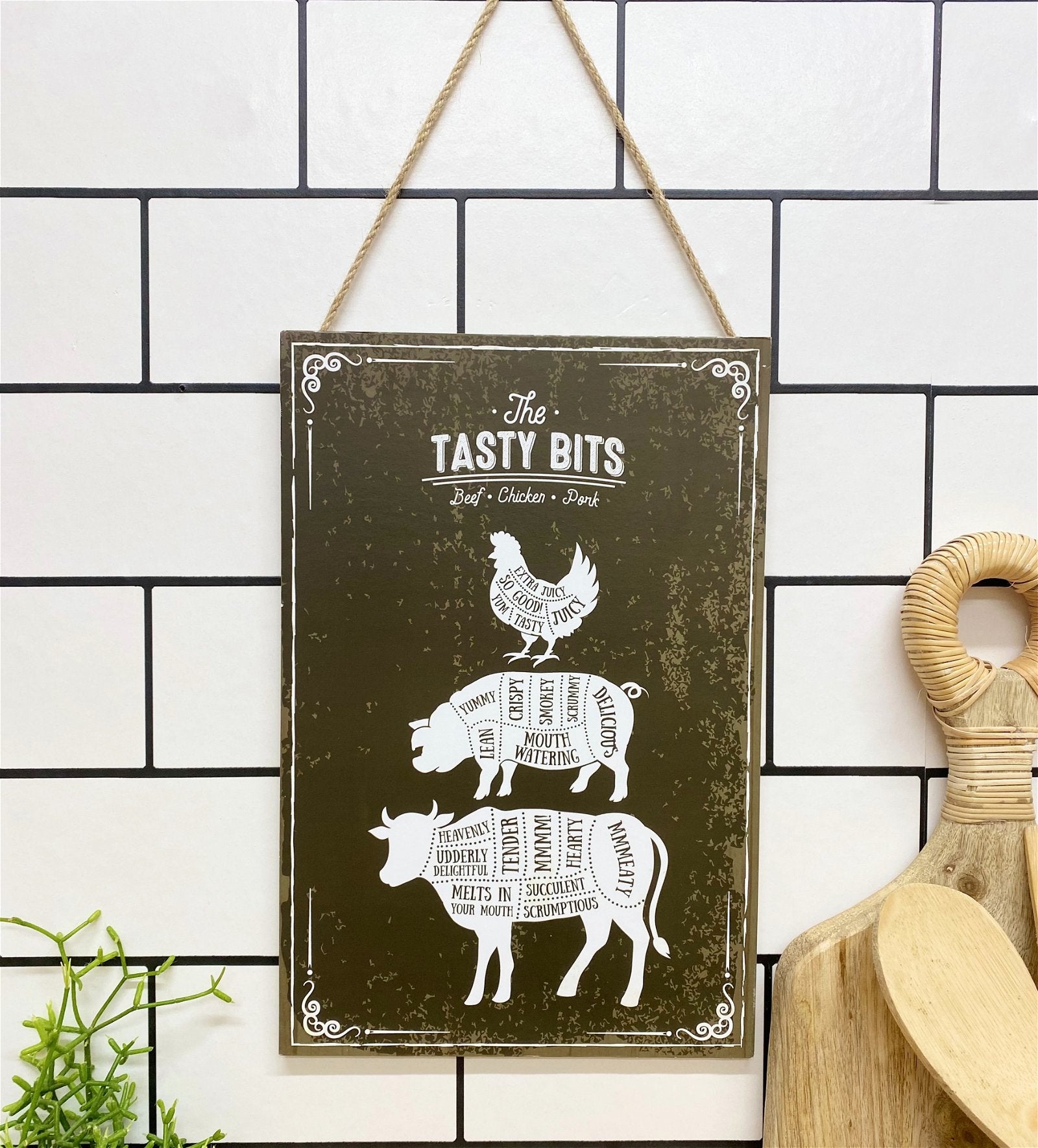 The Tasty Bits Wooden Hanging Plaque in Brown S-KG0789-B