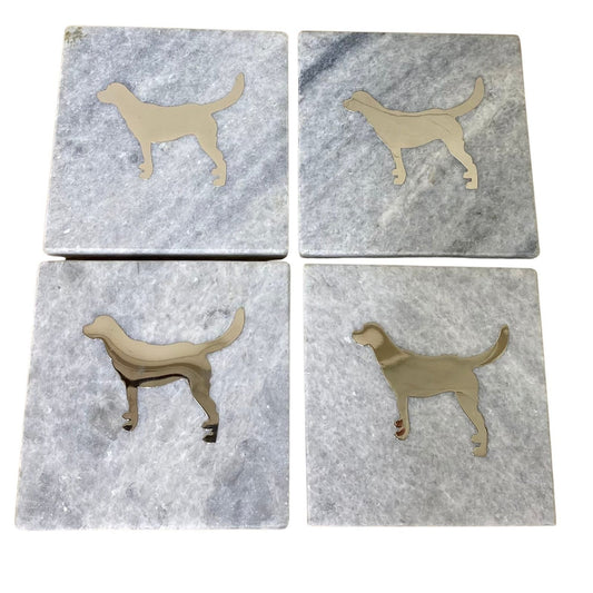 Four Square White Marble Coasters With Gold Dog Design S-KG1031