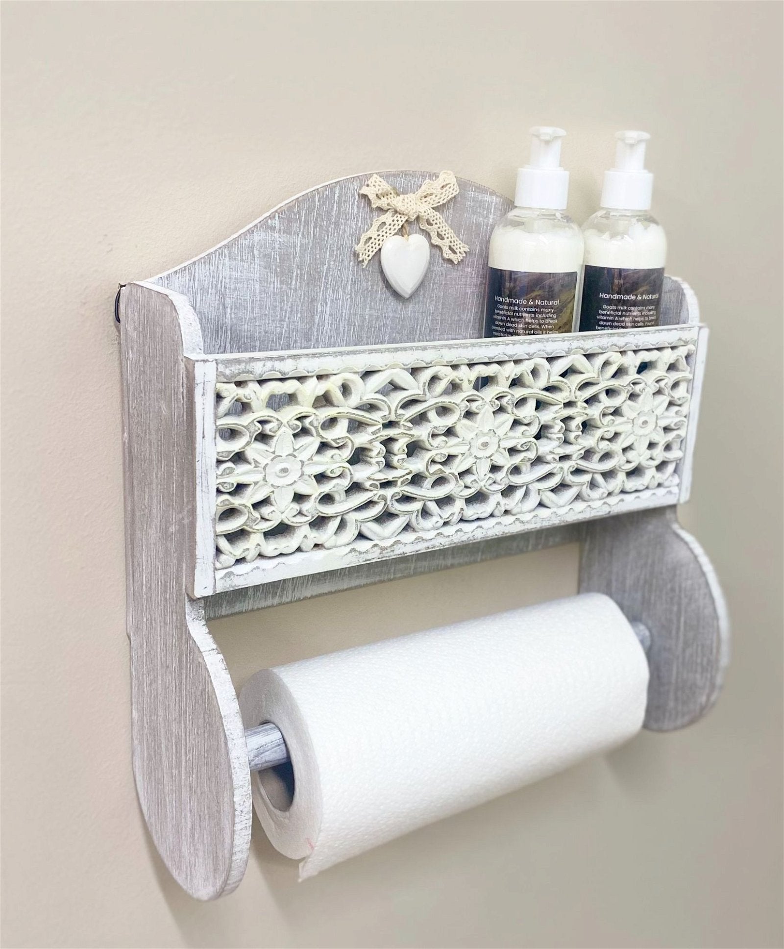 Grey Wooden Kitchen Towel Holder With Cutout Pattern Shelf S-KG1061