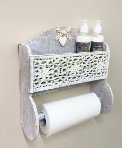 Grey Wooden Kitchen Towel Holder With Cutout Pattern Shelf S-KG1061