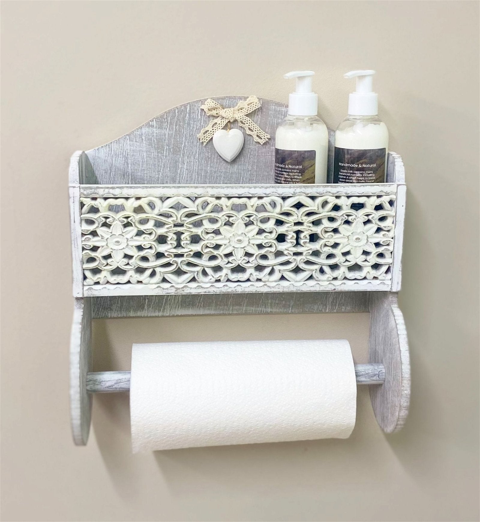 Grey Wooden Kitchen Towel Holder With Cutout Pattern Shelf S-KG1061