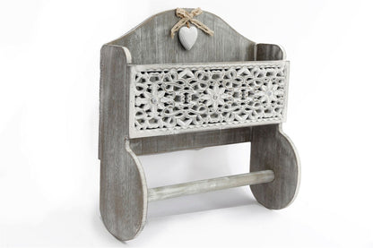 Grey Wooden Kitchen Towel Holder With Cutout Pattern Shelf S-KG1061